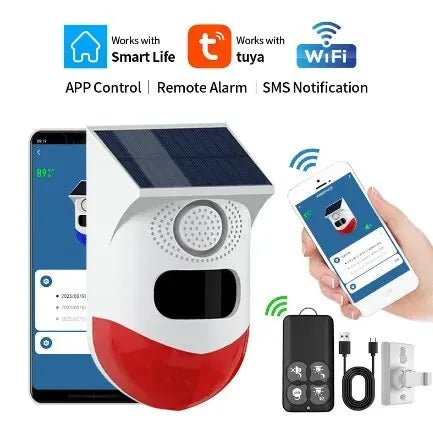 2 - in - 1 WiFi Smart Remote Control Outdoor Security Alarm with Solar Charging and Infrared Siren - Jurismate