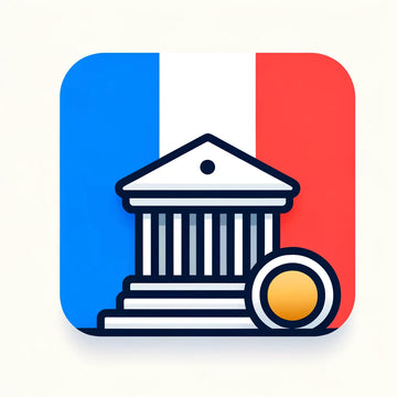 Jurismate AI banque et recouvrement emoticon France, avec un batiment de justice devant un drapeau francais