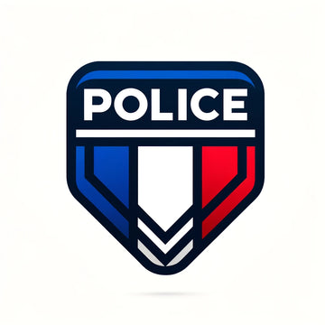 Jurismate AI Police monitor France emoticon badge de police avec drapeau francais et Police inscrit