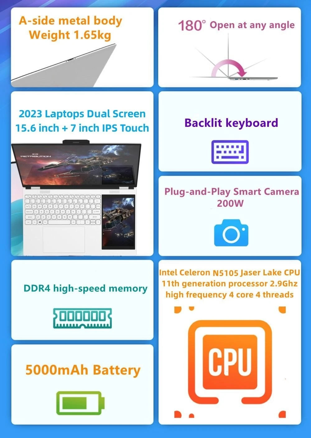 Dual Screen Intel N95 Processor Laptop | 15.6" & 7" Touch Display