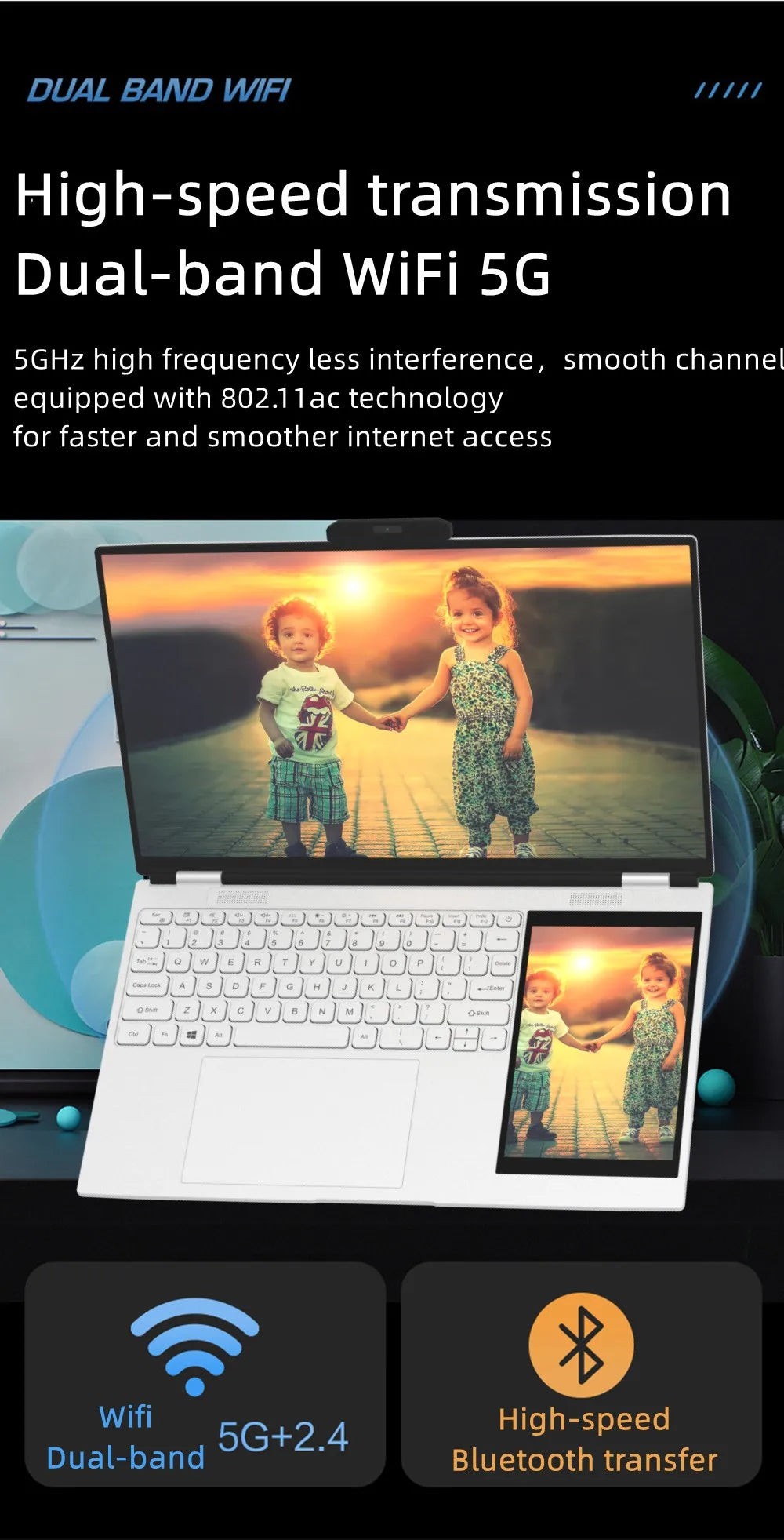 Dual Screen Intel N95 Processor Laptop | 15.6" & 7" Touch Display