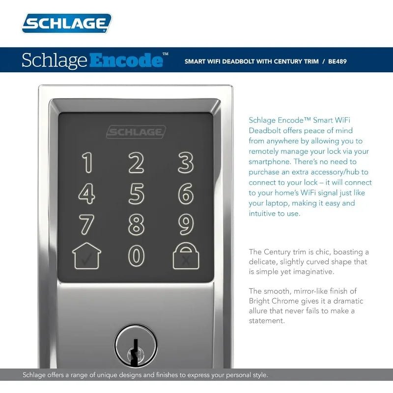 Schlage Encode Smart WiFi Deadbolt - Century Trim, Bright Chrome with indications