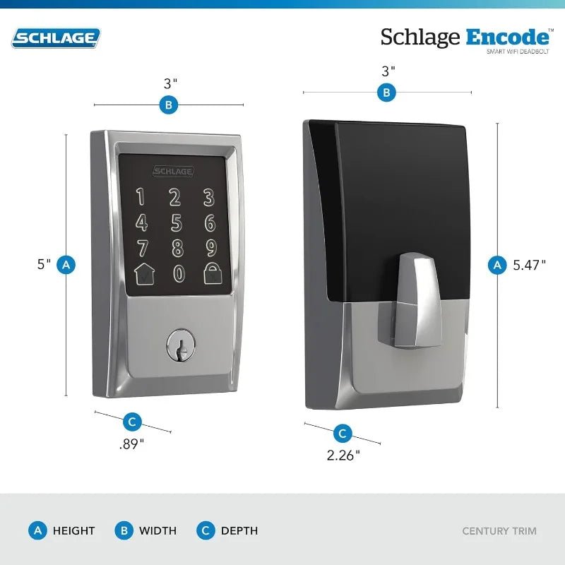 Schlage Encode Smart WiFi Deadbolt - Century Trim, Bright Chrome front and back